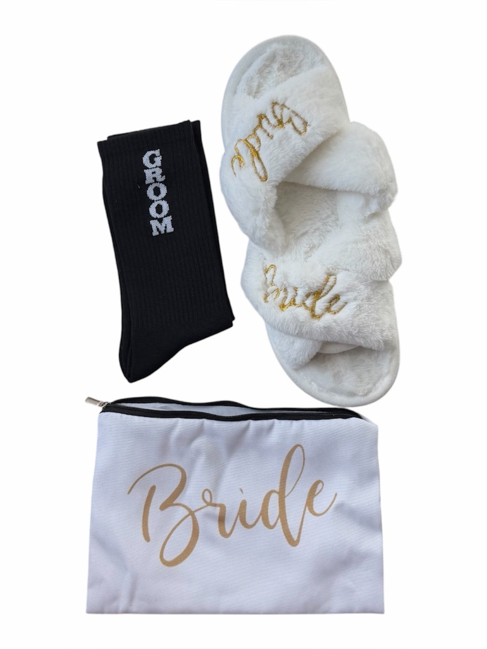 Bride Slippers, Groom Socks, and Make Up Bag